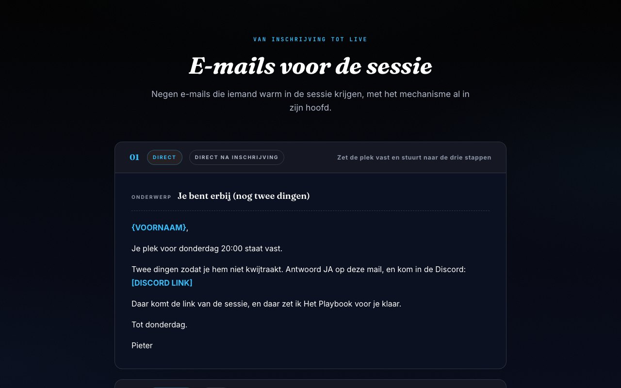 Voorbeeld van de e-mails voor de sessie